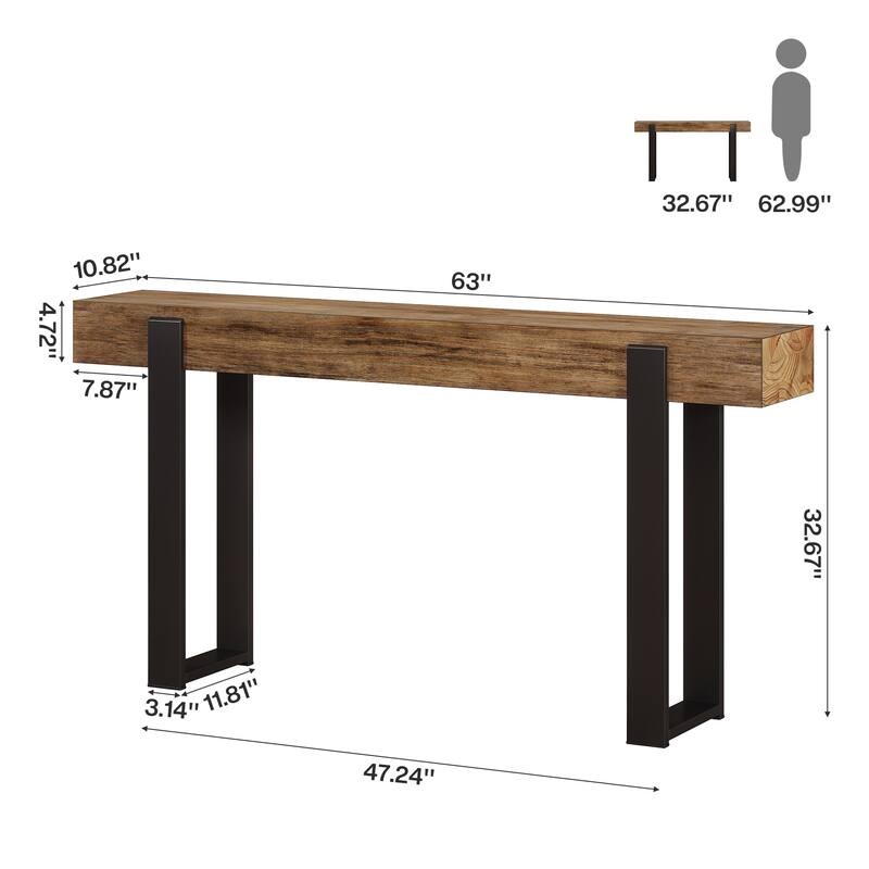 63 Inch Long Entryway Console Table, Solid Wood Top and Metal Legs