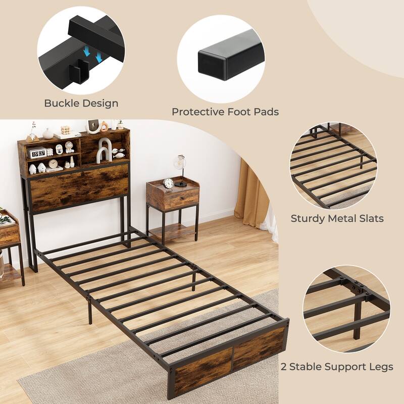 Metal Platform Bed Frame with Headboard Storage and USB Charging Ports