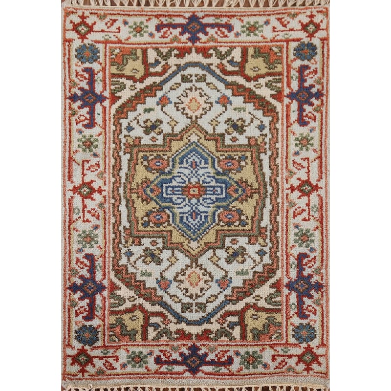 Geometric Blue Heriz Serapi Indian Accent Rug Hand-Knotted Wool Carpet - 2'0" x 3'0"