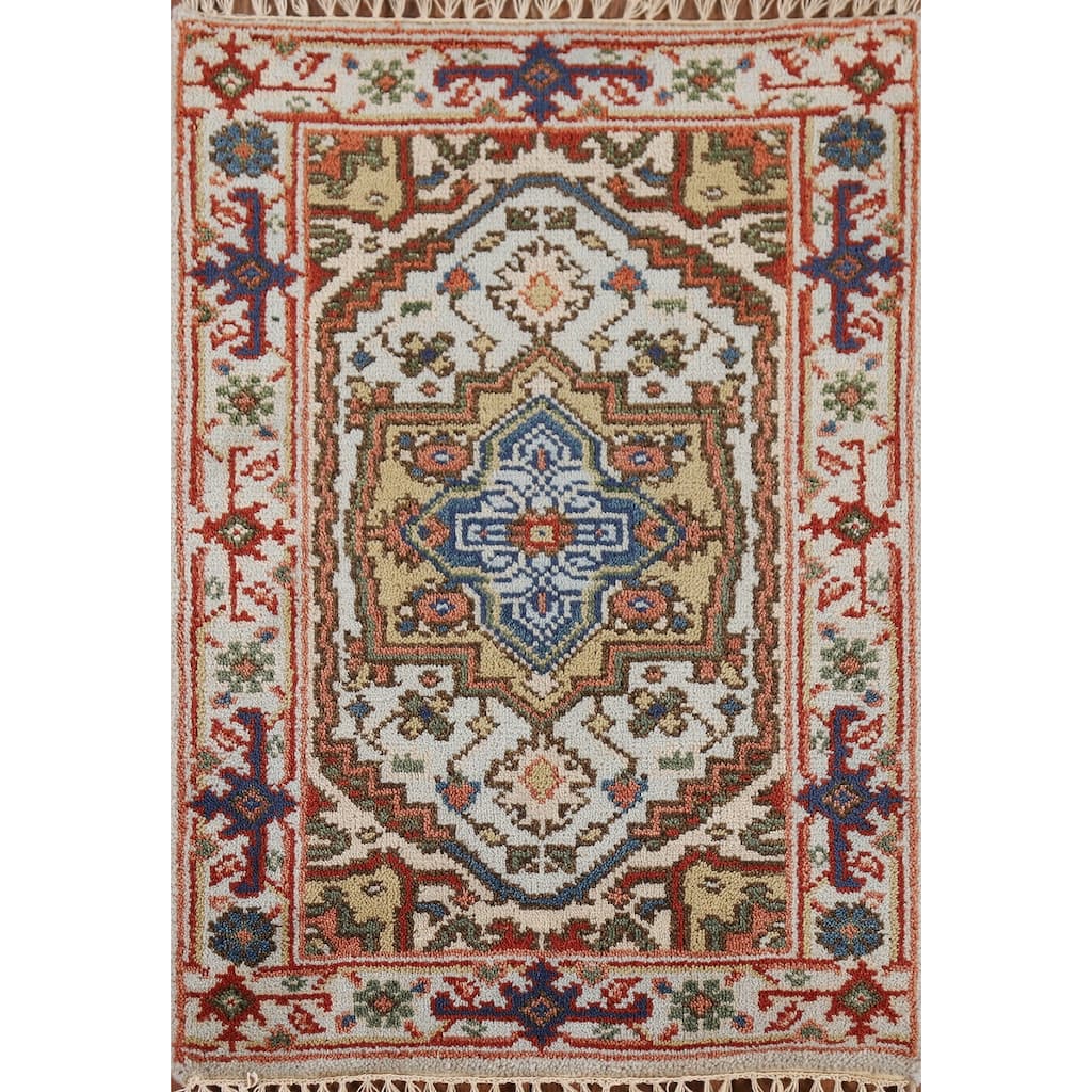 Geometric Blue Heriz Serapi Indian Accent Rug Hand-Knotted Wool Carpet - 2'0" x 3'0"