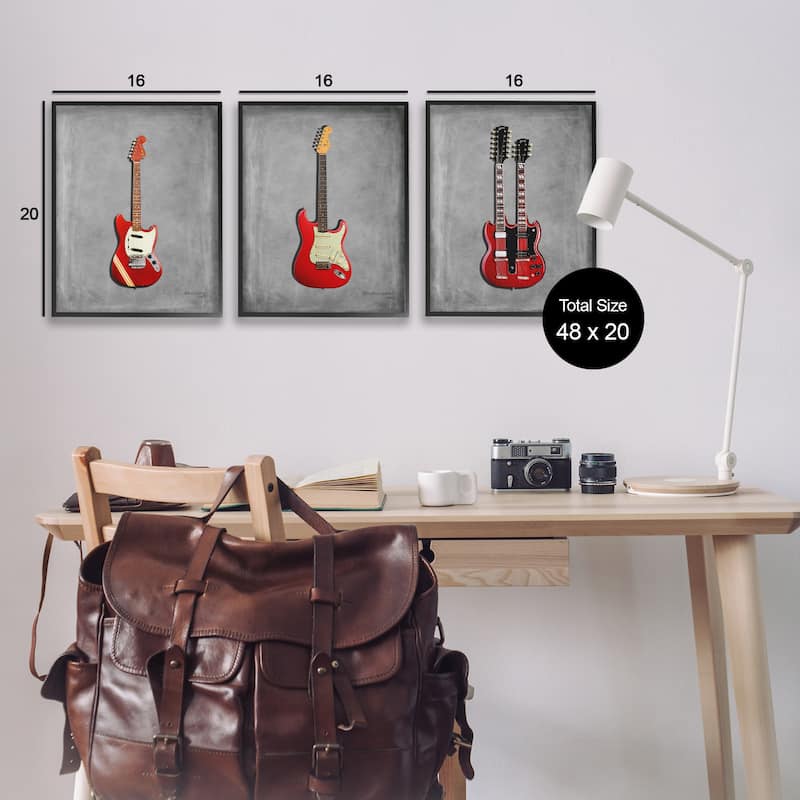 Stupell Red Guitars Collection Framed Giclee Art Design By Mark Rogan (Set of 3)