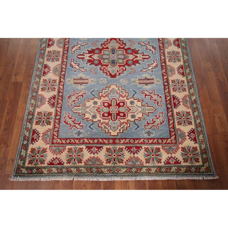 Light Blue Kazak Oriental Foyer Rug Handmade Wool Carpet - 4'1" x 5'11"