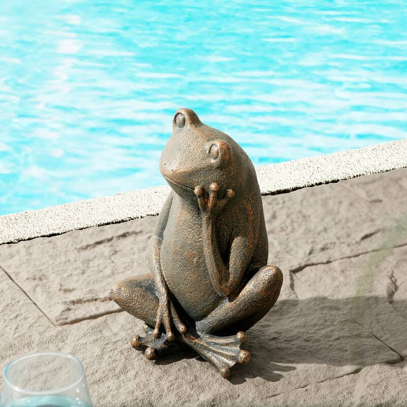 Glitzhome 12''H Resin Bronze Squatting Sitting Frog Statue - Sitting Frog