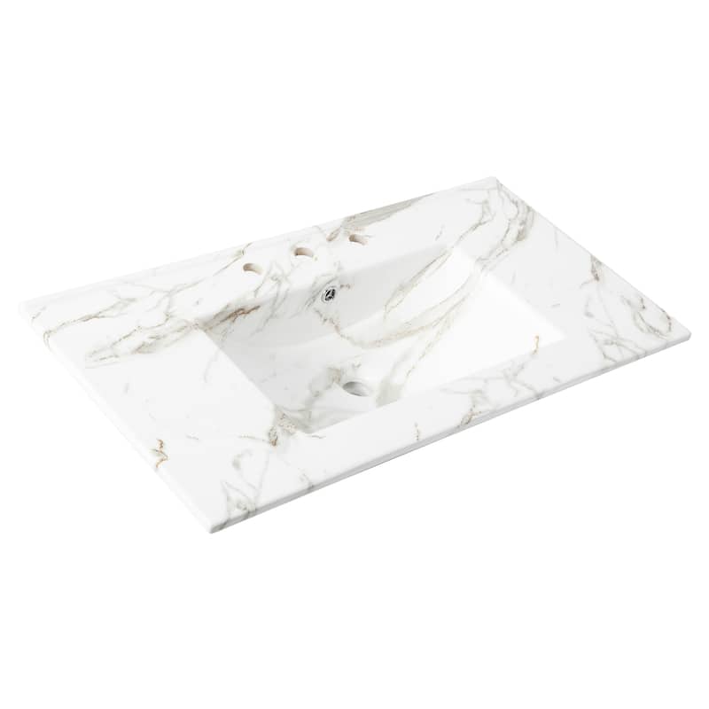 Aubert 3-Hole Classic Contemporary Rectangular Ceramic Single Sink Basin Vanity Top, by JONATHAN Y - 36 in. - White Marble Effect