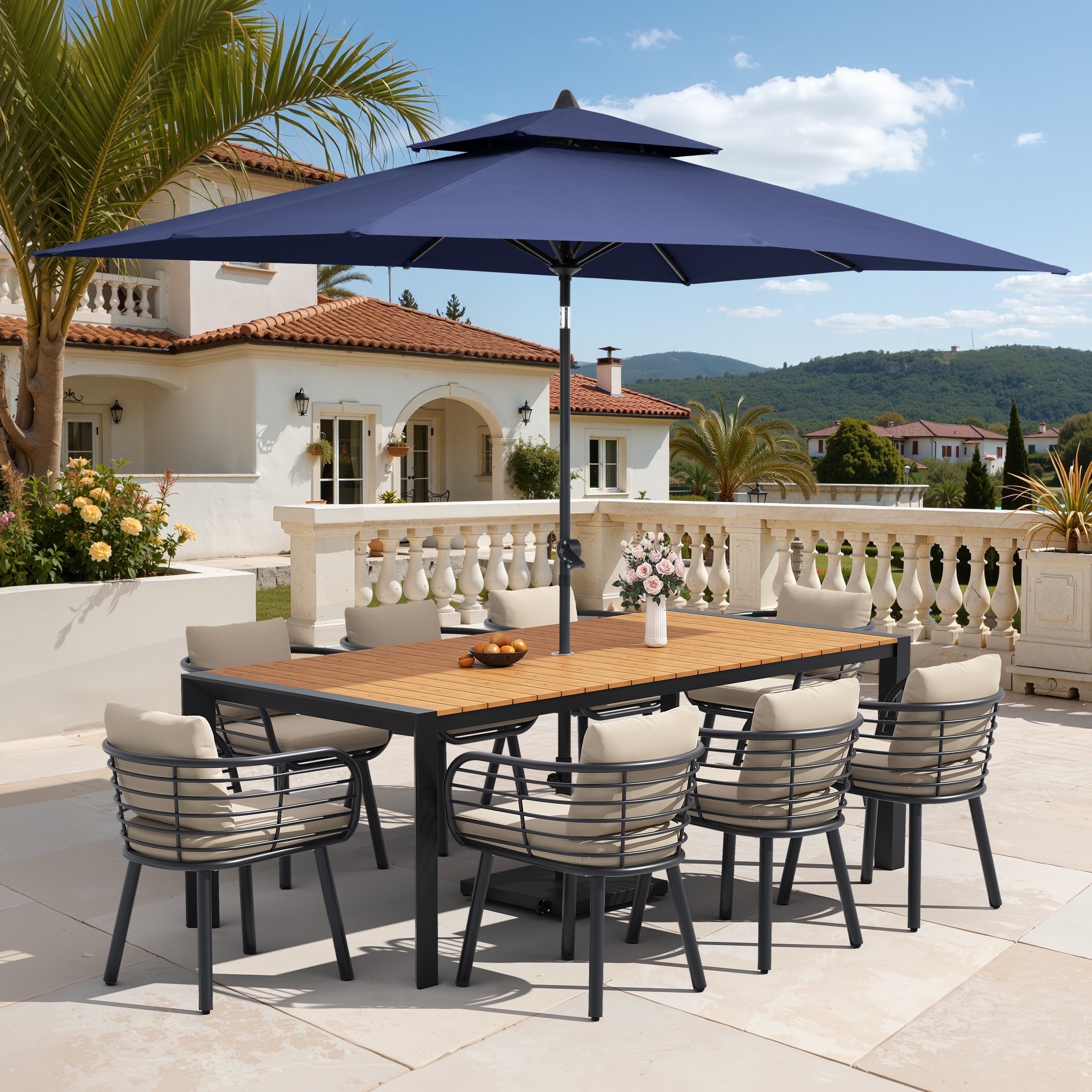 9/11-Piece Outdoor Dining Set w/10 ft Umbrella and Base Aluminum Dining Table and Chairs with Sunbrella Cushions