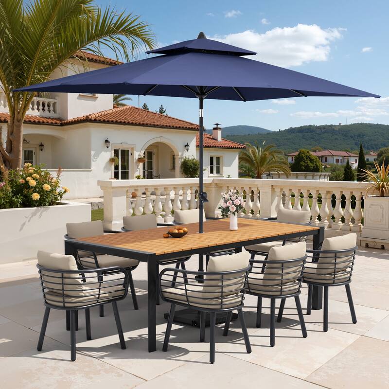 9/11-Piece Outdoor Dining Set w/10 ft Umbrella and Base Aluminum Dining Table and Chairs with Sunbrella Cushions - Set of 11 - Brown Table with Navy Blue Umbrella