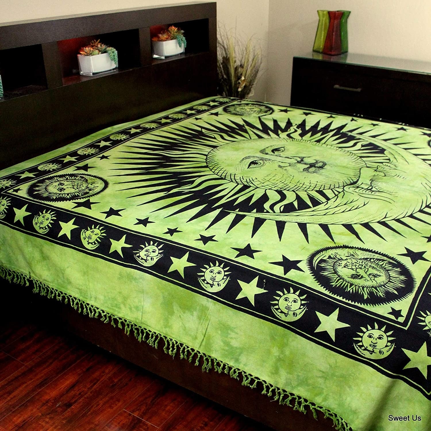 Heavy Cotton Celestial Mandala Sun Moon Star Tapestry Bedspread Throw Beach Sheet Picnic Sheet 84x96