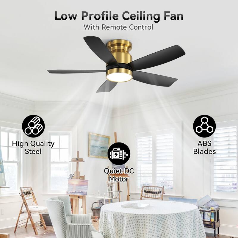 42 Inch Flush Mount Ceiling Fans with LED Light and Remote Control 5 ABS Fan Blades - Gold