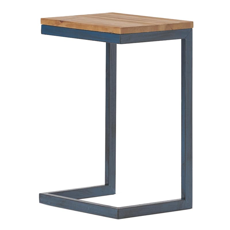Roomfitters C-Shaped Side Table, Industrial End Table with Natural Wood Top and Blue Metal Frame for Sofa or Bedside, Natural