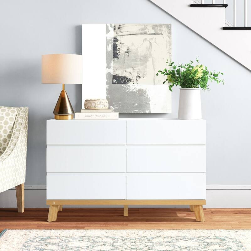 White 6 Drawer Dresser - Modern Wood Storage Chest for Bedroom, Living Room