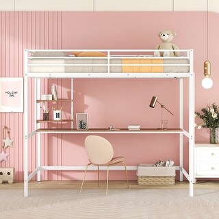 Useful Design Metal Loft Bed With Two Shelves and Built-in Dsek, Efficient space, Full Size, White