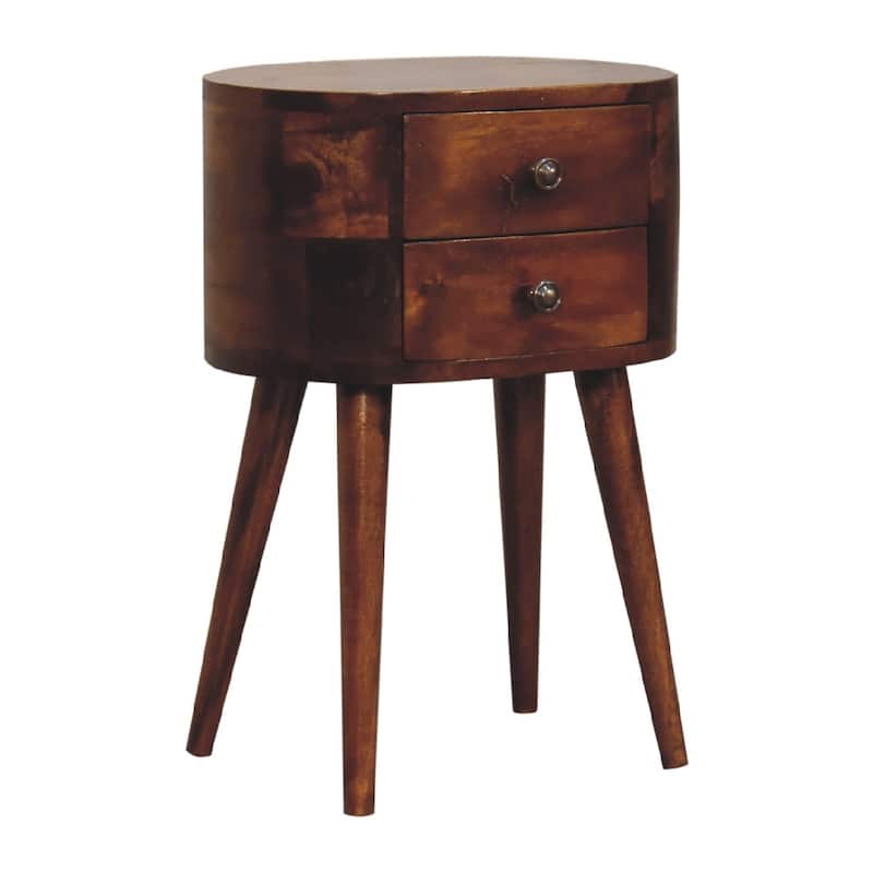 Artisan Furniture Solid Wood Mini Chestnut Rounded Nightstand Table, Brown With two Drawers