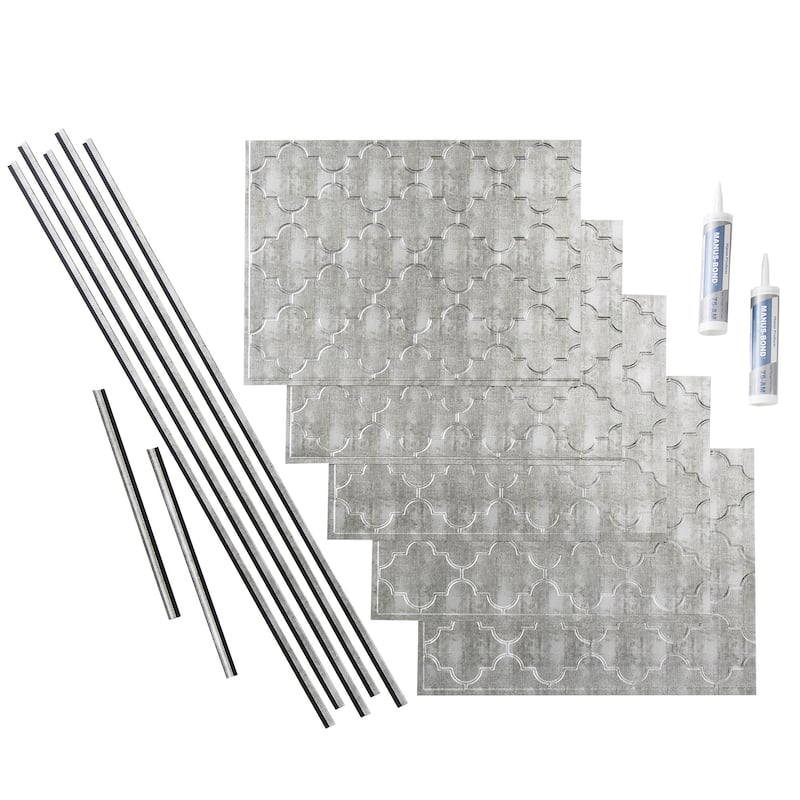 FASÄDE Monaco Decorative Vinyl Backsplash Panel - 15 Sq Ft Kit - Crosshatch Silver
