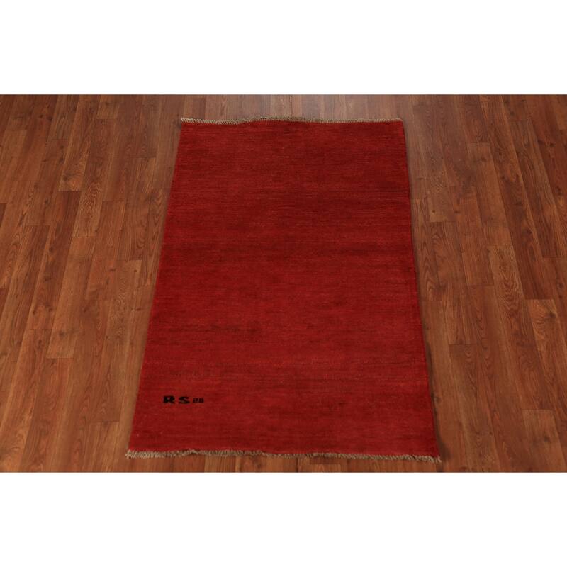 Modern Gabbeh Oriental Rug Hand-Knotted Red Wool Carpet - 2'9" x 4'2"