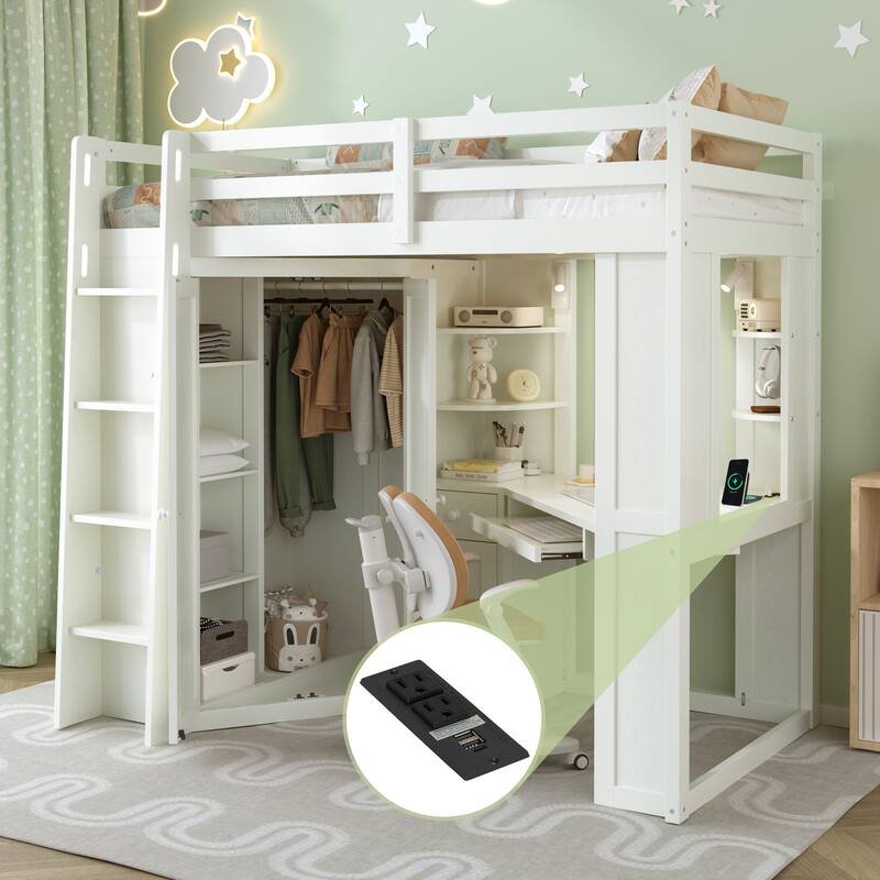 Twin Loft Bed with Integrated Wardrobe Desk Keyboard Tray Charging Station - Beige White - Twin