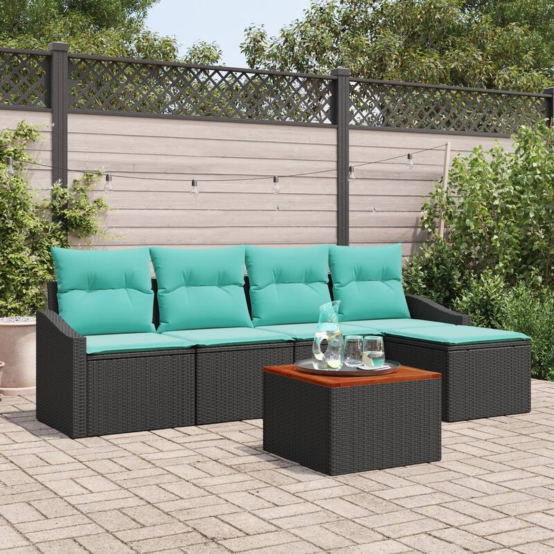vidaXL 6 Piece Garden Sofa Set with Cushions Black Poly Rattan Acacia - 91.7×24.4×27.2