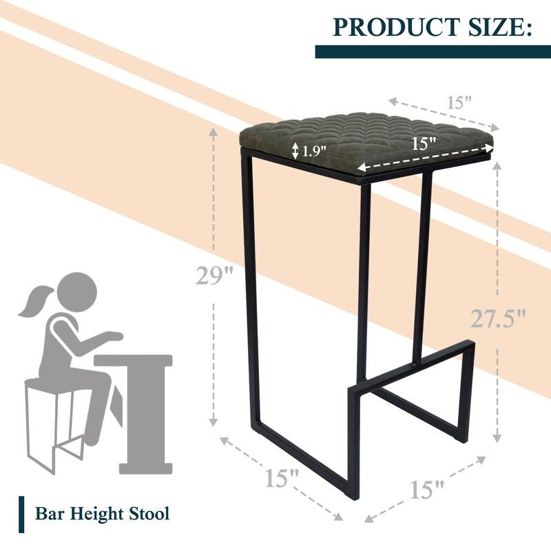 Quincy Leather Counter Barstool – Upholstered Square Seat with Quilted Back, Footrest, and Metal Legs for Kitchen or Dining Area