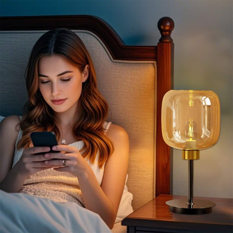 Mid Century LED Table Lamp Glass Shade Desk Lamp Bedroom Nightstand - 6x17inch