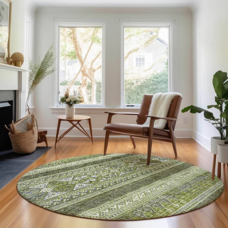 Premium Washable Super Soft Boho Stripe Mayfield Rug - Olive - 8' x 8' - Round