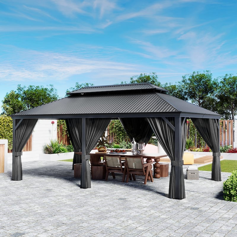 12 ft. x 20 ft. Double Roof Hardtop Aluminum Patio Gazebo with Netting and Curtains - Black