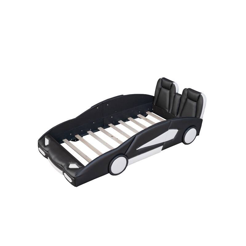 Race Car-Shaped Twin Platform Bed with Wheels and Safety Rails, Black