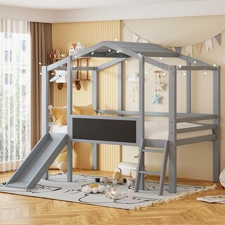 Twin Size Loft Bed with Ladder and Slide, House Bed with Blackboard and Light Strip on the Roof, for Kids Girl Boy, Grey