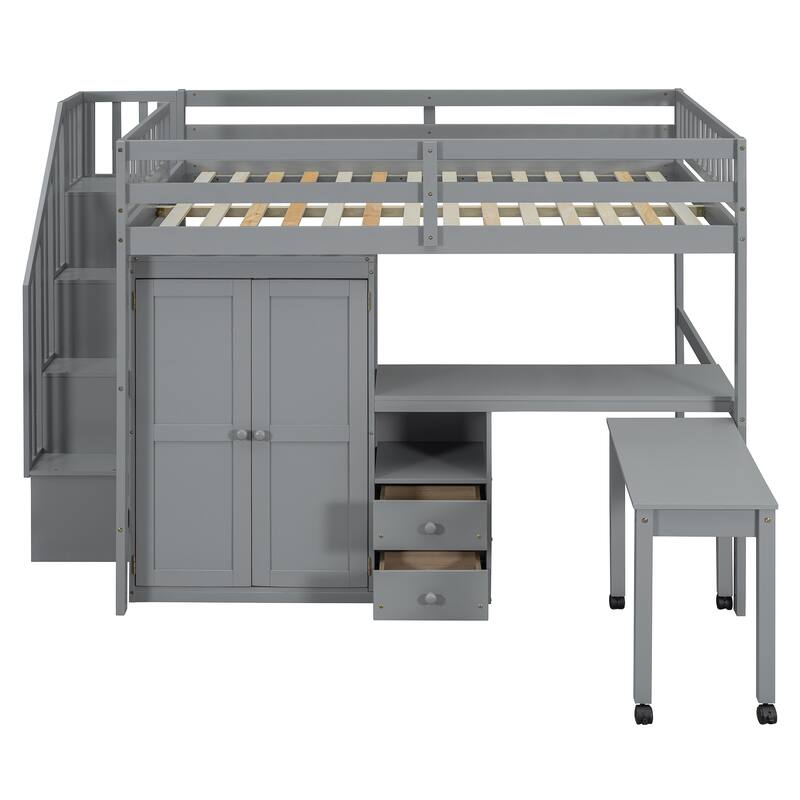 Full Size Loft Bed with Stairs, Bookshelf, Drawers, Desk & Wardrobe - Space-Saving Multifunctional Furniture for Kids & Teens