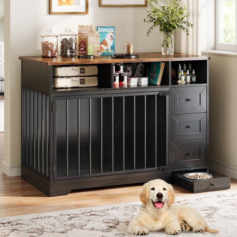 48" Farmhouse Dog Kennel Crate Furniture End Table with Bowl Storage Drawers - Black