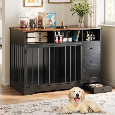 48" Farmhouse Dog Kennel Crate Furniture End Table with Bowl Storage Drawers