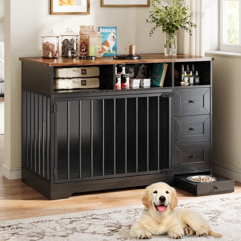 48" Farmhouse Dog Kennel Crate Furniture End Table with Bowl Storage Drawers