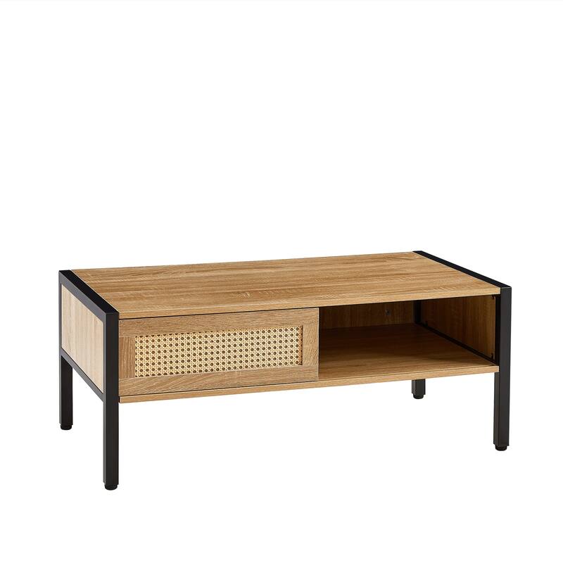 Rattan Coffee Table Modern Living Room Table with Sliding Rattan Door Panel Solid Wood Legs, for Living Room
