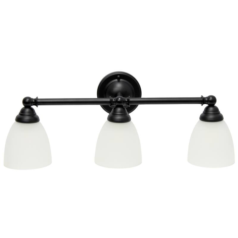 3 Light Vanity Fixture - Metal Bar & Frosted Glass Shades - Bathroom, Hallway, Entryway Lighting - Black Finish - 10