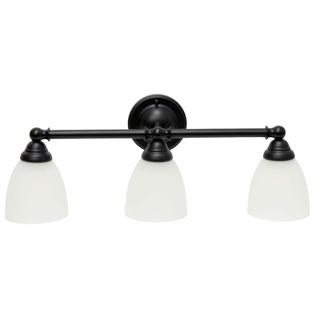 3 Light Vanity Fixture - Metal Bar & Frosted Glass Shades - Bathroom, Hallway, Entryway Lighting - Black Finish - 10