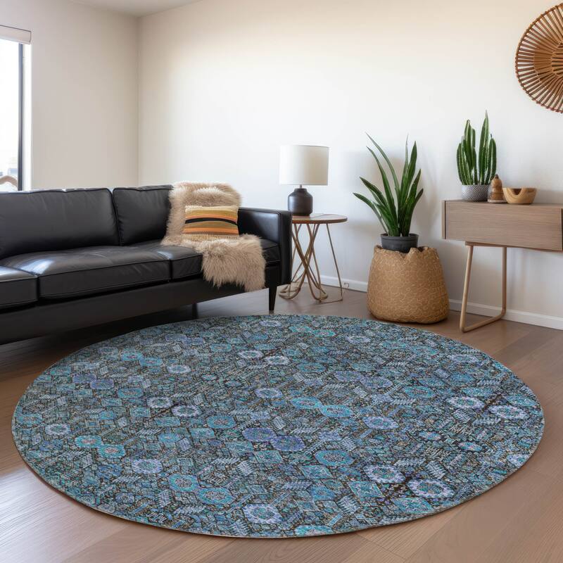 Machine Washable Indoor/ Outdoor Traditional Boho Chantille Rug - Teal - 8' x 8'