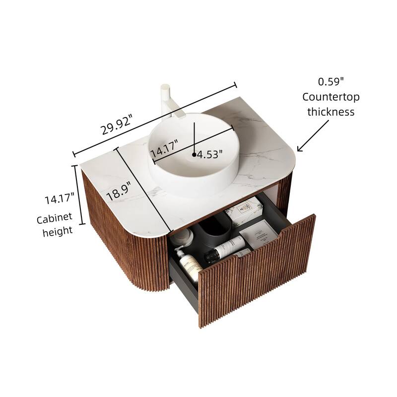 35" Wall-Mounted Bathroom Vanity with 14" Glossy Ceramic Vessel Sink, Dark Walnut 3D Striped Finish
