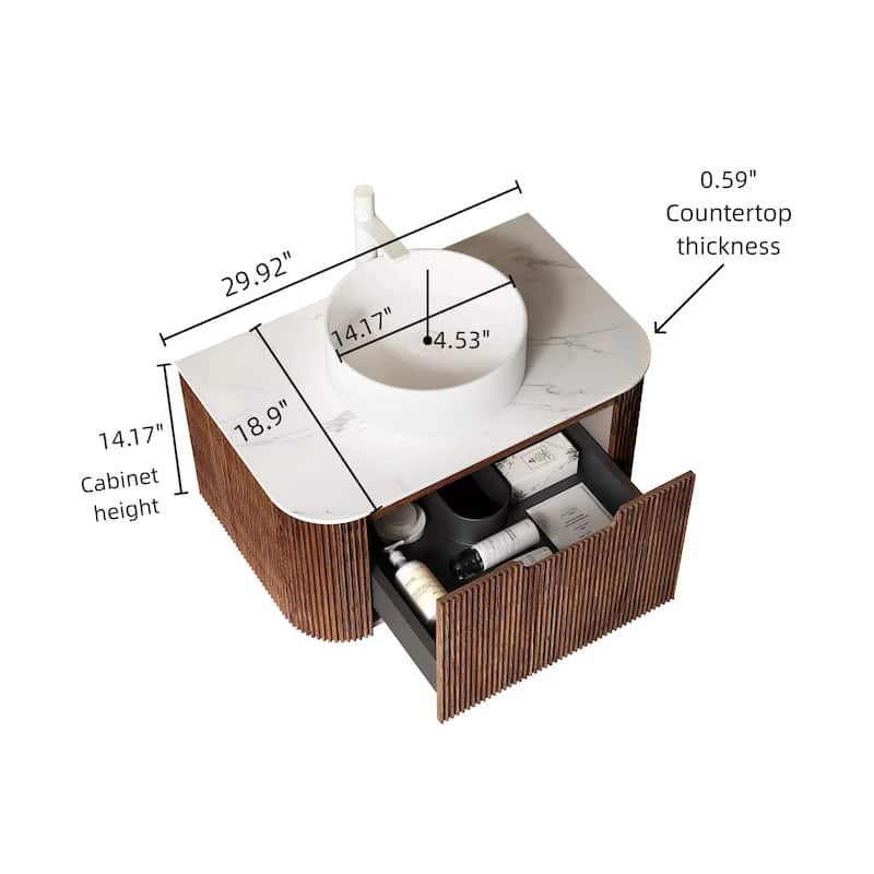 Wall-Mounted Wood Bathroom Vanity with Ceramic Sink, Pre-Assembled