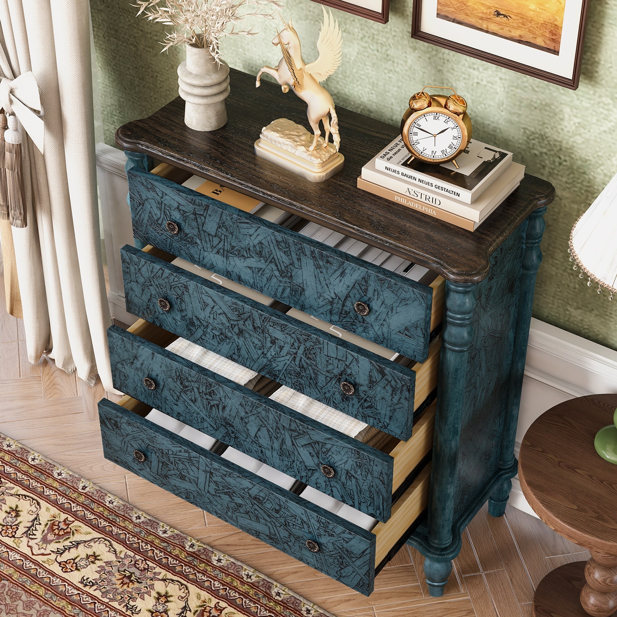 Farmhouse Chest of Drawers Navy Blue Tall Dresser, File Cabinet Storage Closet Decorative Cabinet for Living Room