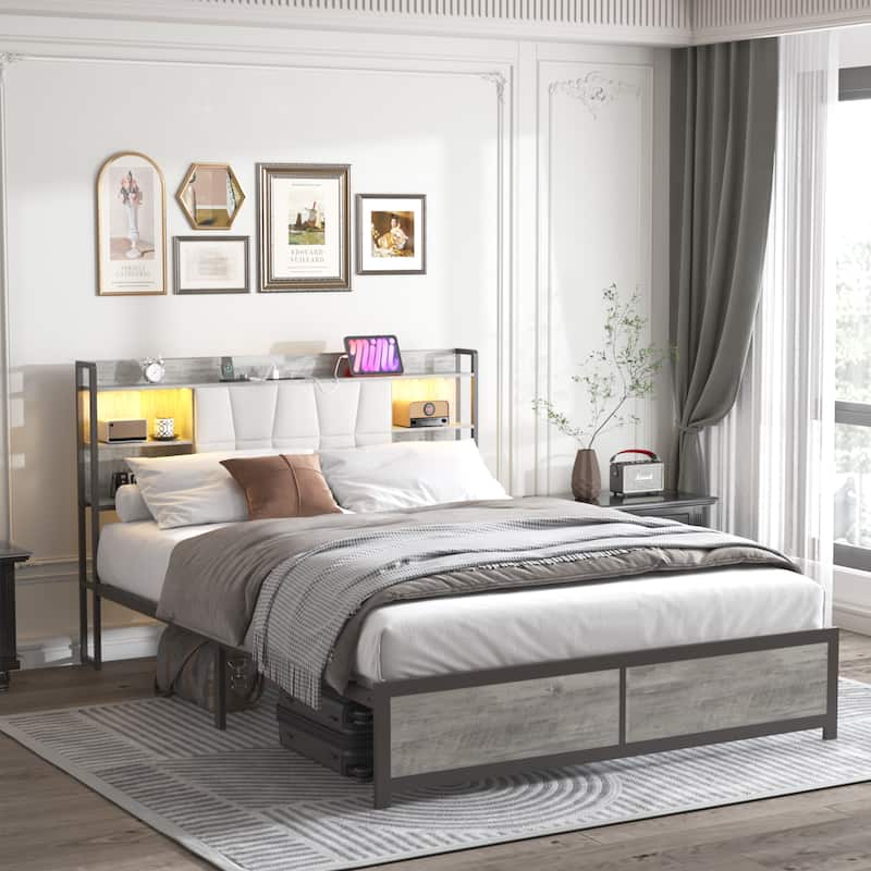 Platform Bed with Upholstered Headboard and Storage, Sturdy Metal Slats Support