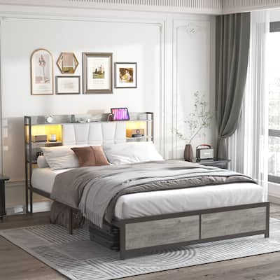 Queen Size Platform Bed with LED Light and Upholstered Headboard