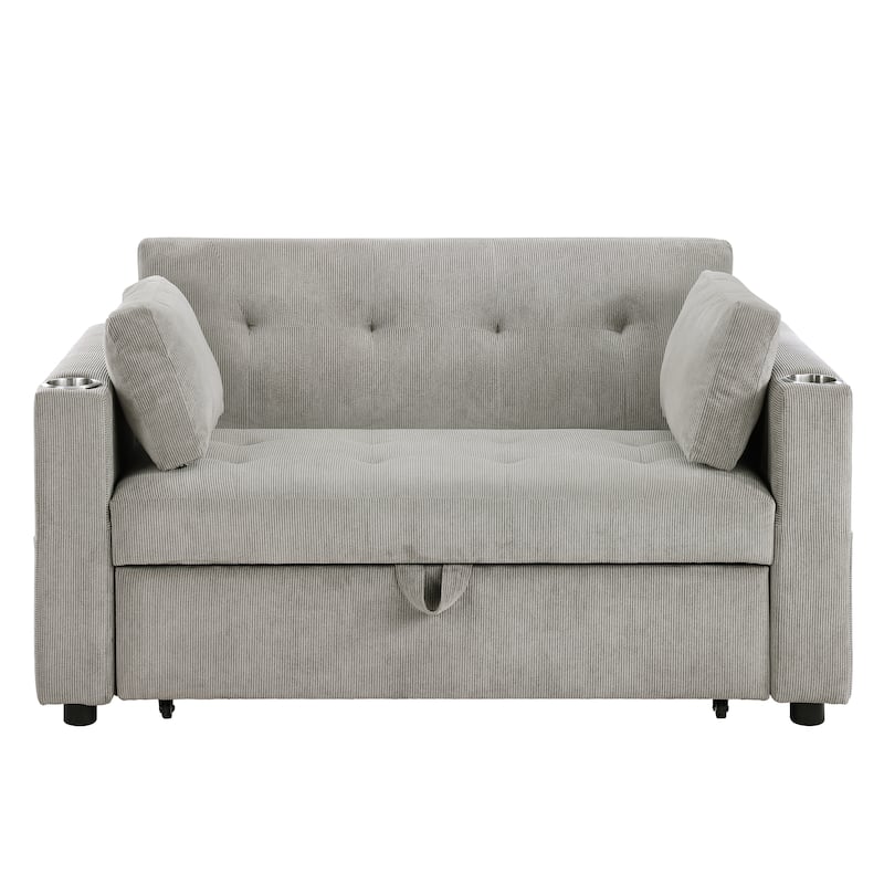 3 in 1 Convertible Pull Out Couch, Tufting Loveseat with Cupholders and USB Ports, 2 Seater Sofa with Pillows and Storage Bag
