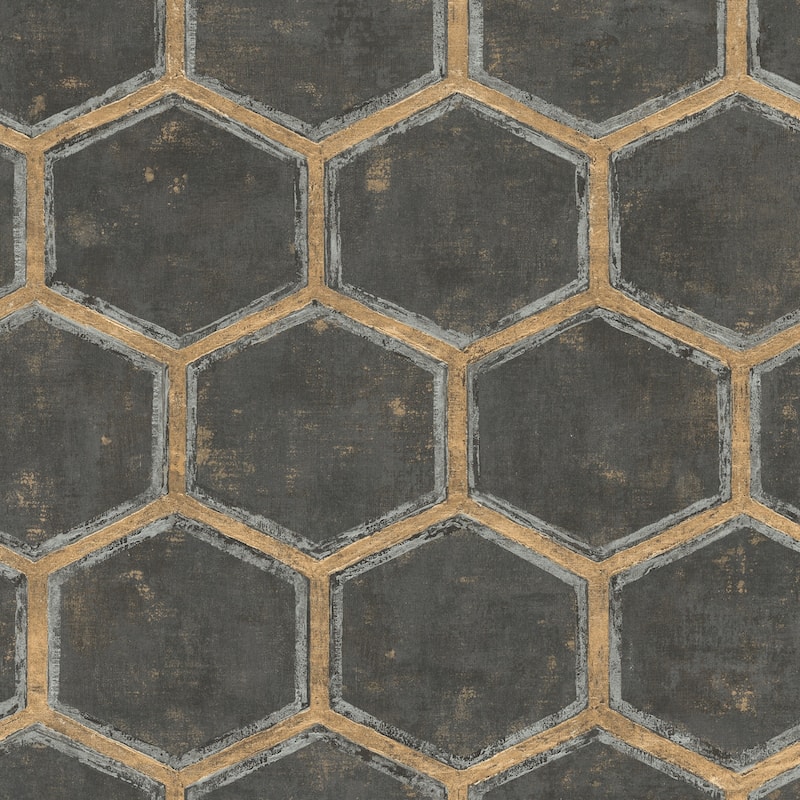 Seabrook Designs Wright Faux Honeycomb Unpasted Wallpaper - 27 in. W x 27 ft. L - Metallic Charcoal & Bronze