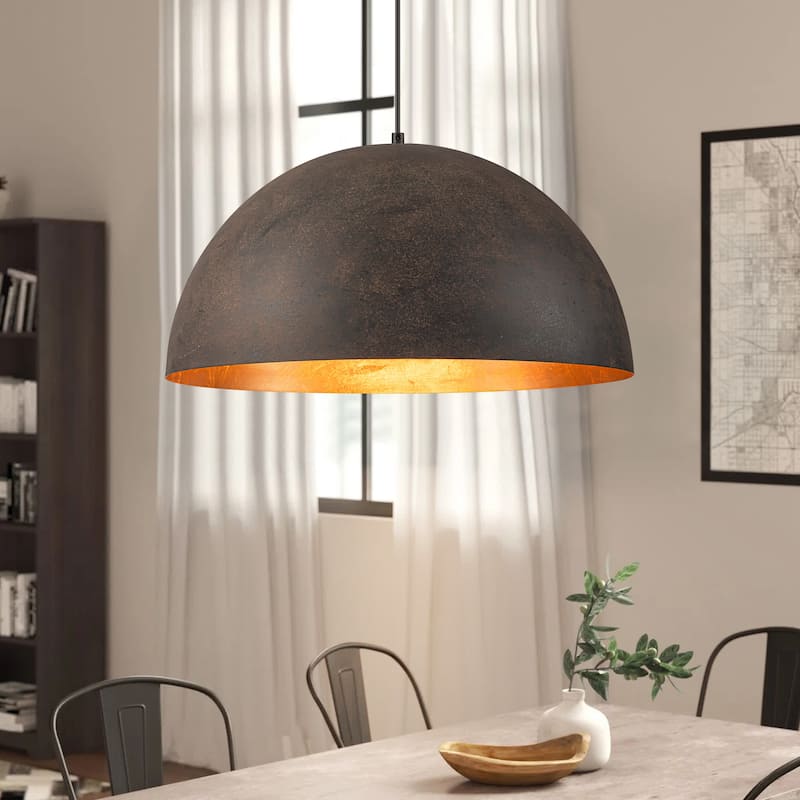 1-Light Industrial Vintage Antique Black/Brown Gold Leaf Dome Kitchen Island Pendant Lights - 19.6 in. W x 11.8 in. H - 19.6 in. W x 11.8 in. H - Black