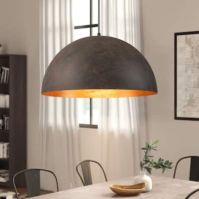 1-Light Industrial Vintage Antique Black/Brown Gold Leaf Dome Kitchen Island Pendant Lights - 19.6 in. W x 11.8 in. H