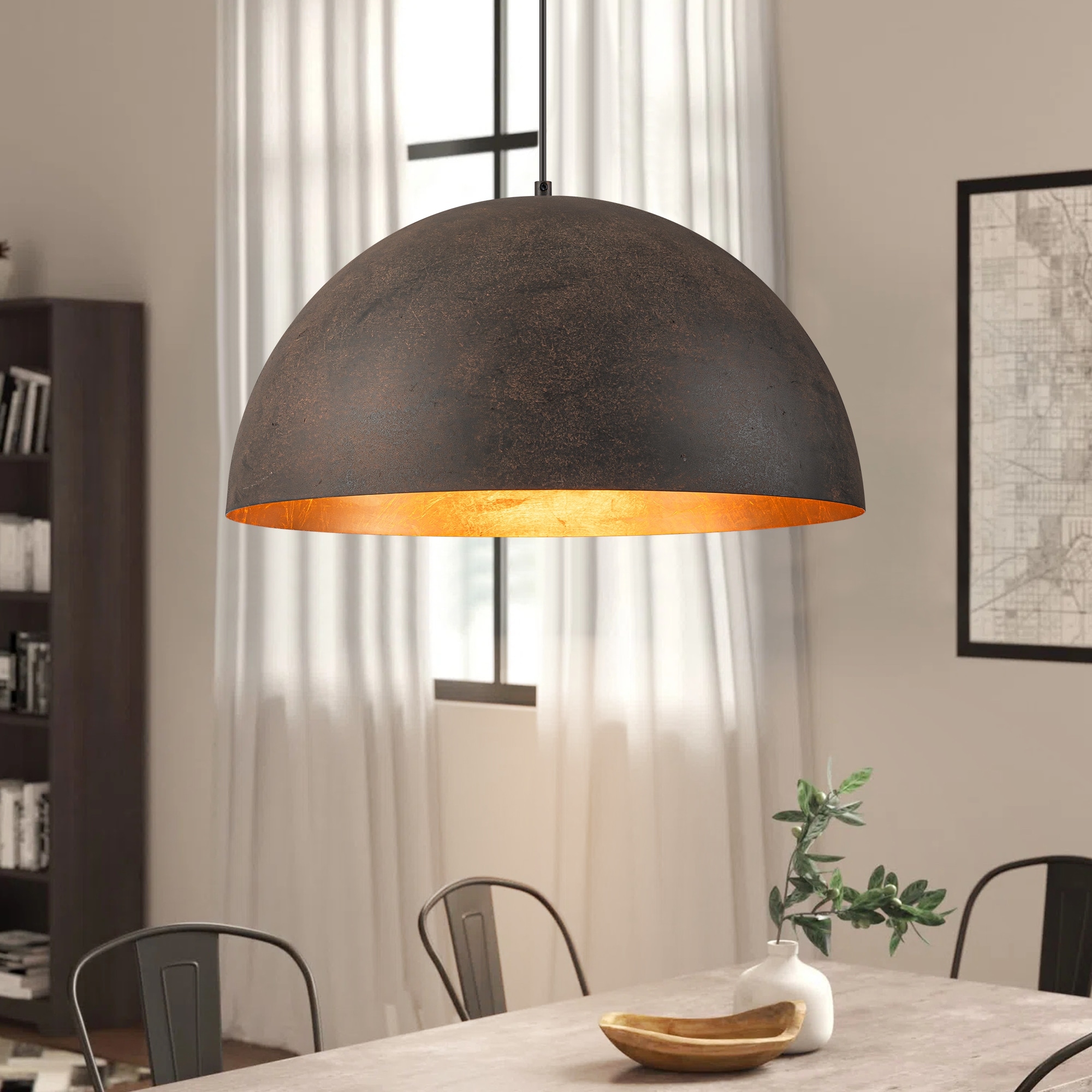 Rennnsan 1-Light Industrial Vintage Antique Black/Brown Gold Leaf Dome Kitchen Island Pendant Lights - 19.6 in. W x 11.8 in. H