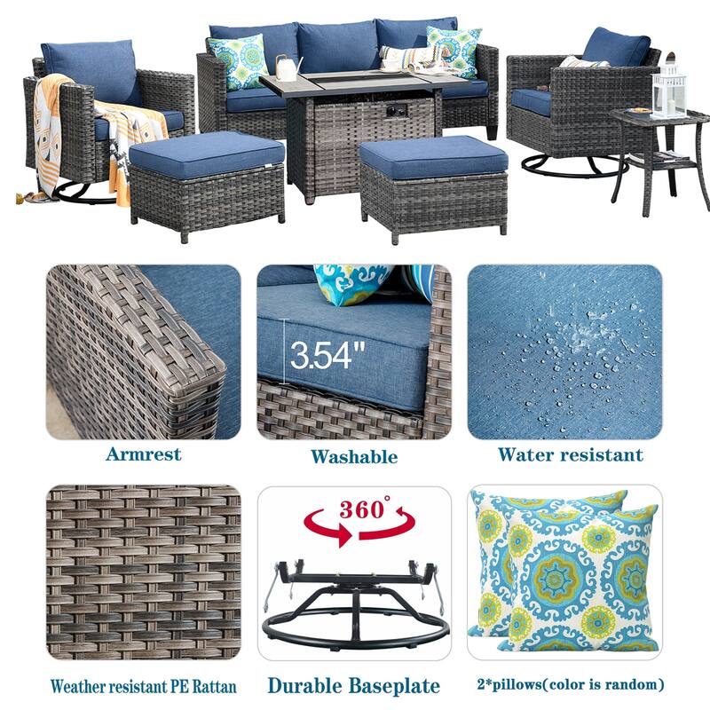 OVIOS 7-piece Wicker Sectional Sofa Swivel Rocking Chair Set With Fire Pit