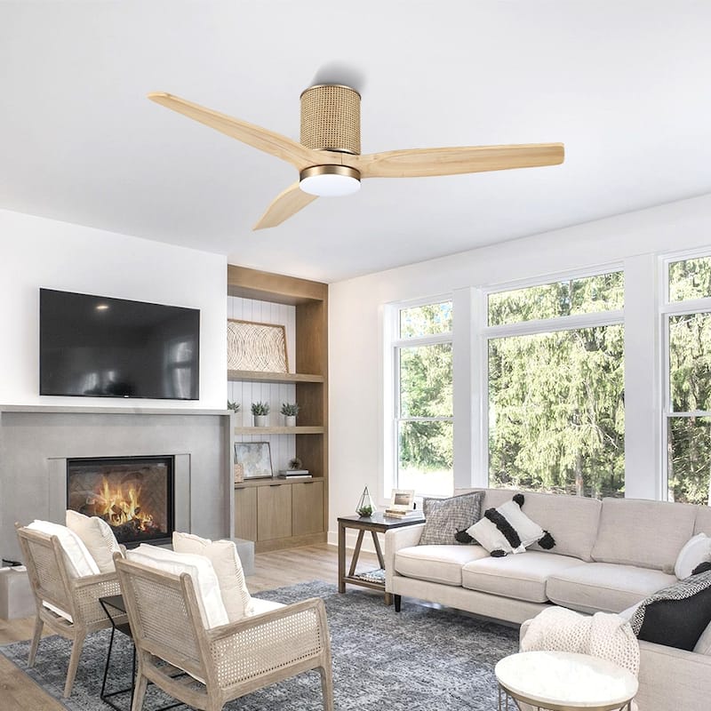 MLiAN 52 In. 3 Solid Wood Blades Flush Mount Ceiling Fan with Light Kit - 52"