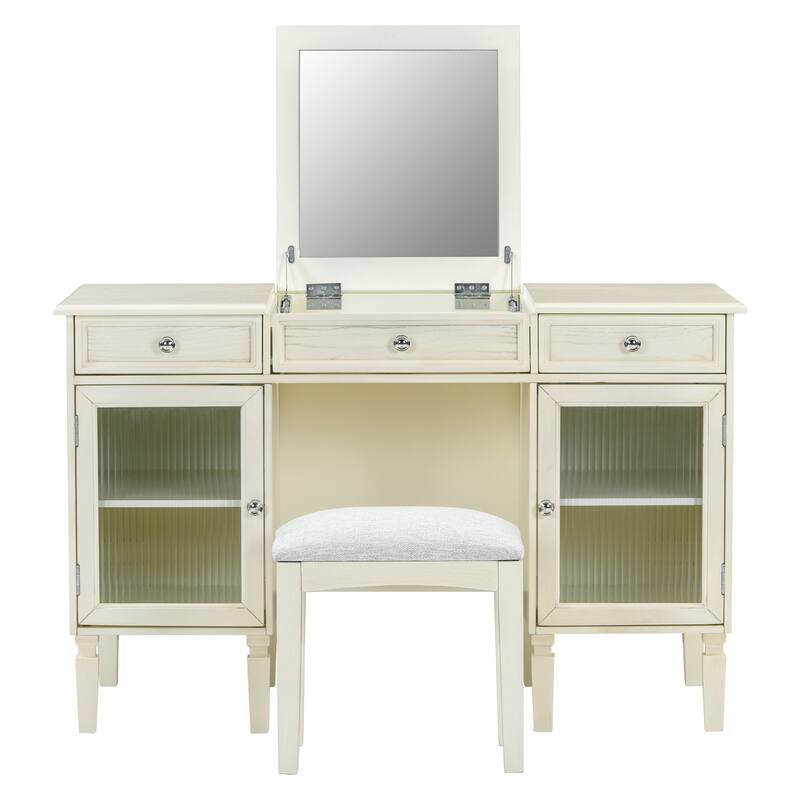 2-in-1 Makeup Vanity Writing Desk with Hidden Fold-Down Mirror & Cabinet, Computer Workstation Dressing Table Set with Stool