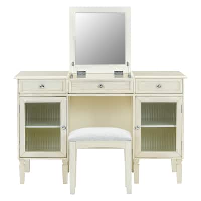 White Oak Vanity Desk with Hidden Mirror Storage Drawers Cabinets and Upholstered Stool - 46.5”L x 20.2”W x 29.7”H