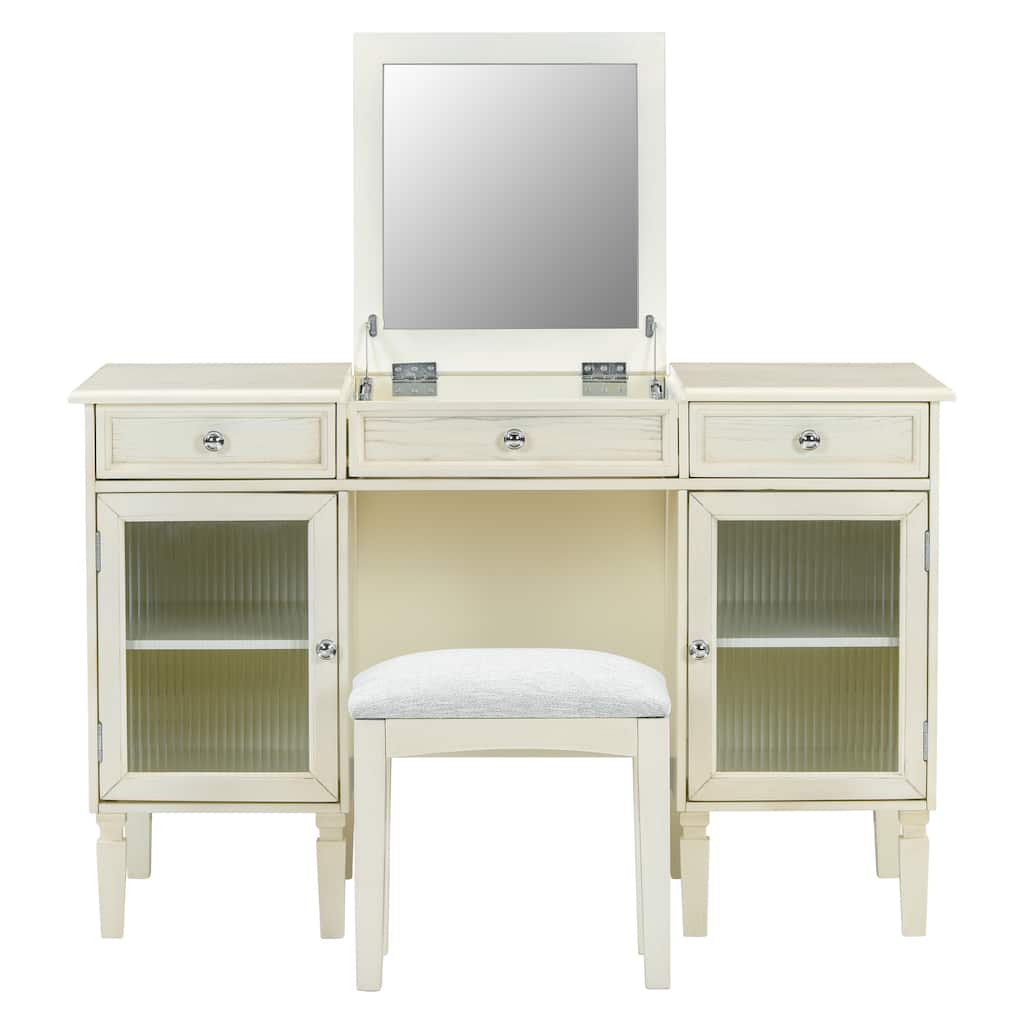 White Oak Vanity Desk with Hidden Mirror Storage Drawers Cabinets and Upholstered Stool - 46.5”L x 20.2”W x 29.7”H