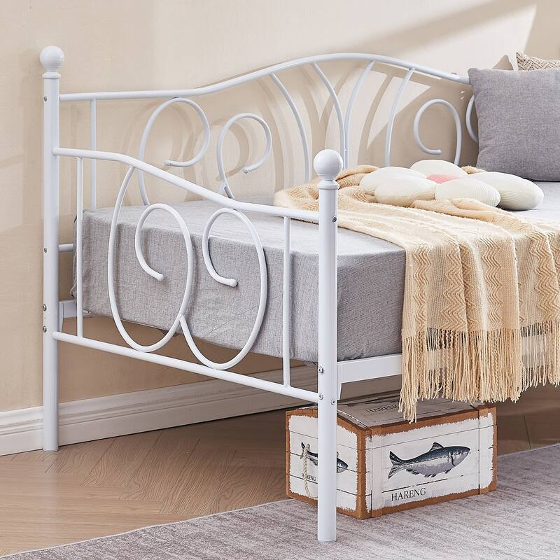 VECELO Metal Twin Size Daybed with Roman Column Legs Scroll Design Heavy Duty 350 lbs Capacity Sofa Bed for Living Room
